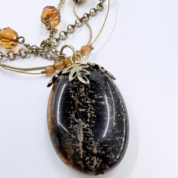 NWOT - Large Tigers Eye Pendant Multi Strand Gold Tone Beaded 18” Necklace - Picture 5 of 9